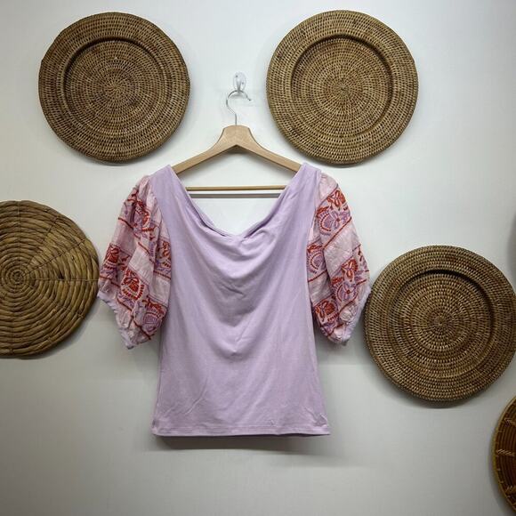 Free People Purple Boho Bohemian Embroidered Short Puff Sleeve Top Small - Picture 2 of 7